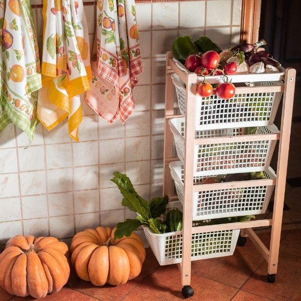 Carrello JOLLY salvaspazio in legno per cucina portafrutta con 4 cestelli e  rotelle (Naturale Verde Scuro)