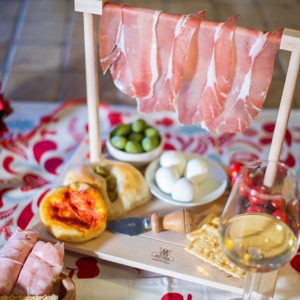 Tagliere servizio aperitivo appendi prosciutto in legno di faggio - S - 31x18x25,5 (1)